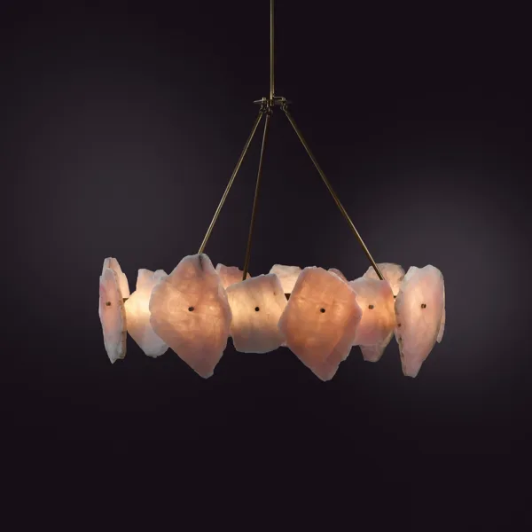 Alabaster stone chandelier with soft light through the raw slabs