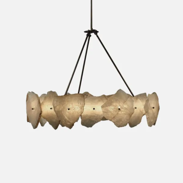 Alabaster stone chandelier unlit, raw-edged natural alabaster slabs, stem and three arms