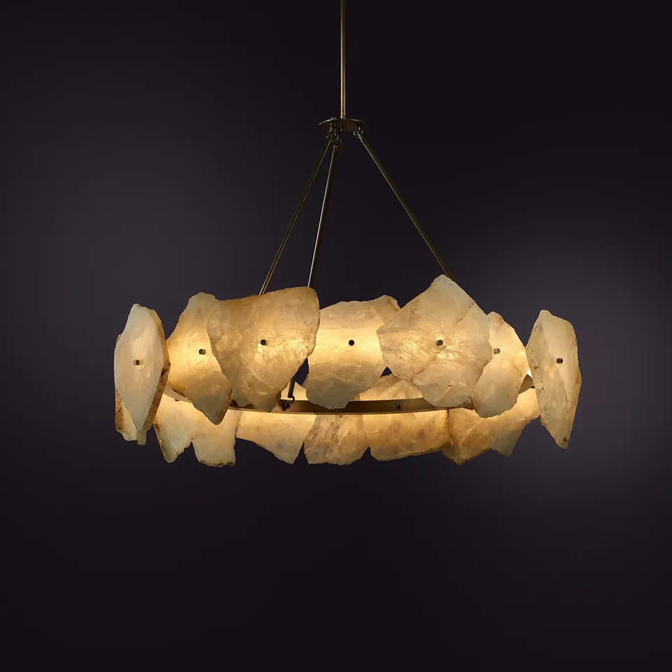Home 5 Alabaster stone chandelier with raw-edged alabaster slabs on a dark bronze ring, lit