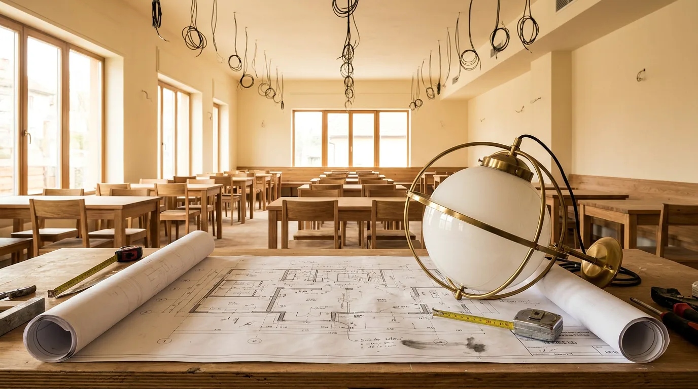 New restaurant hall with bare ceiling wires and a workshop table with a drawing and a pendant being made, the start of custom restaurant lighting