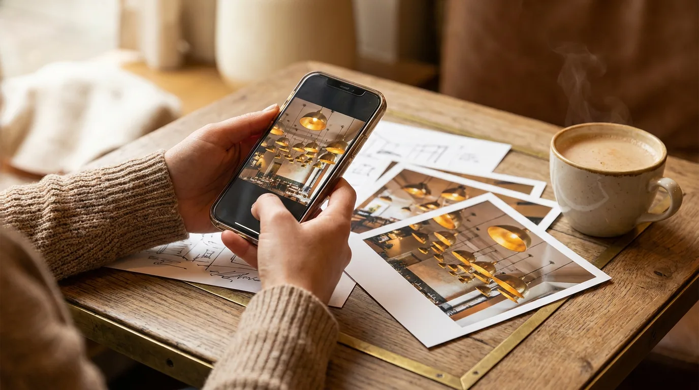 Hands holding a phone with photos of an installed restaurant ceiling, checking real restaurant lighting projects before ordering