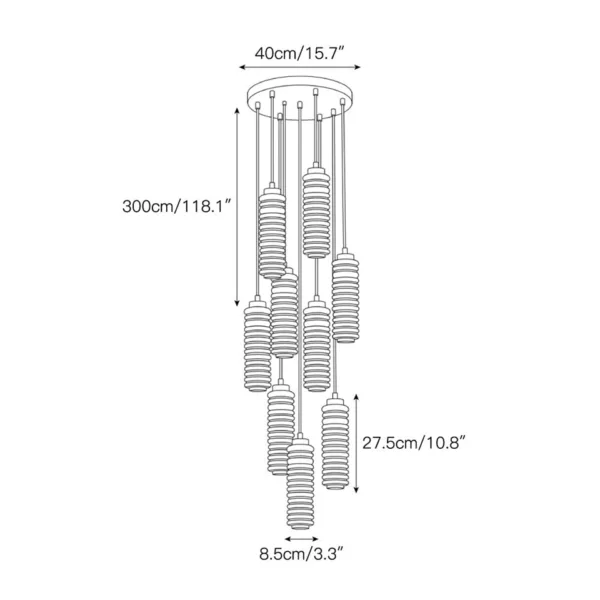 Ribbed alabaster chandelier dimension drawing: 300 cm (118.1 in) height, 40 cm (15.7 in) canopy, 27.5 cm (10.8 in) pendant