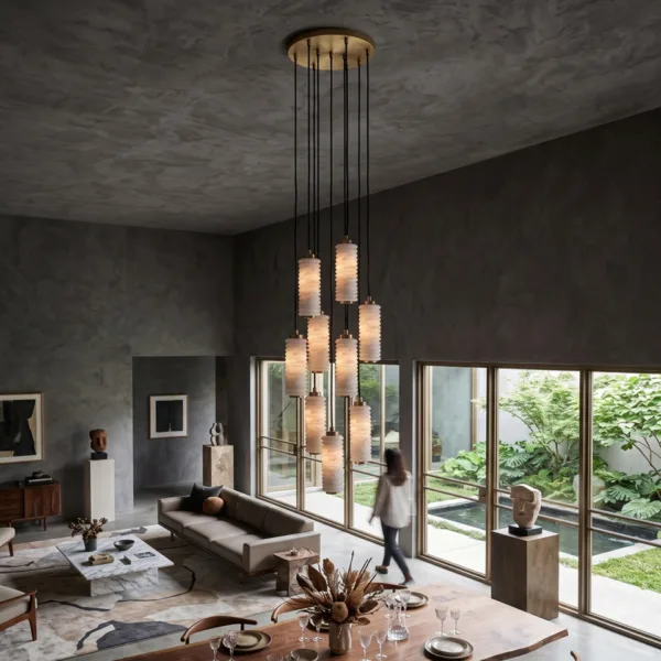 Ribbed alabaster chandelier over a double-height living room with garden windows