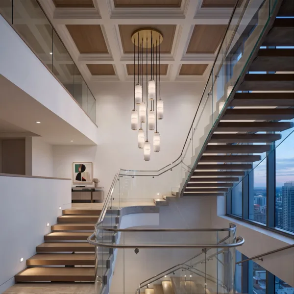 Ribbed alabaster chandelier in a double-height hall with a glass-railing staircase