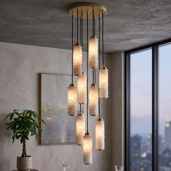 Ribbed alabaster chandelier lit beside a tall window with city view