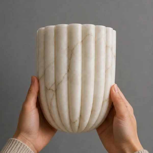 Hands holding the fluted alabaster scallop wall light to show its size