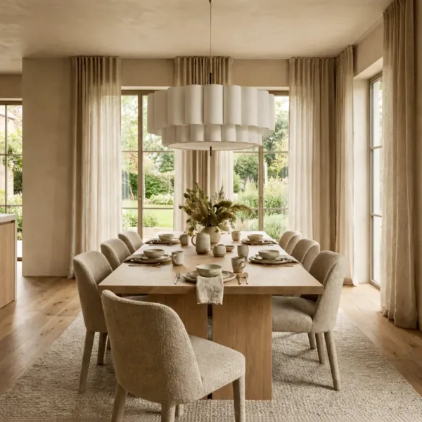 Scalloped linen drum pendant light over an oak dining table with bouclé chairs