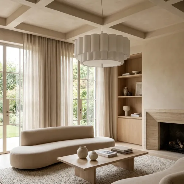 Scalloped linen drum pendant light in a serene neutral living room with a curved sofa