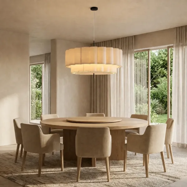 Scalloped linen drum pendant light over a round oak dining table for eight