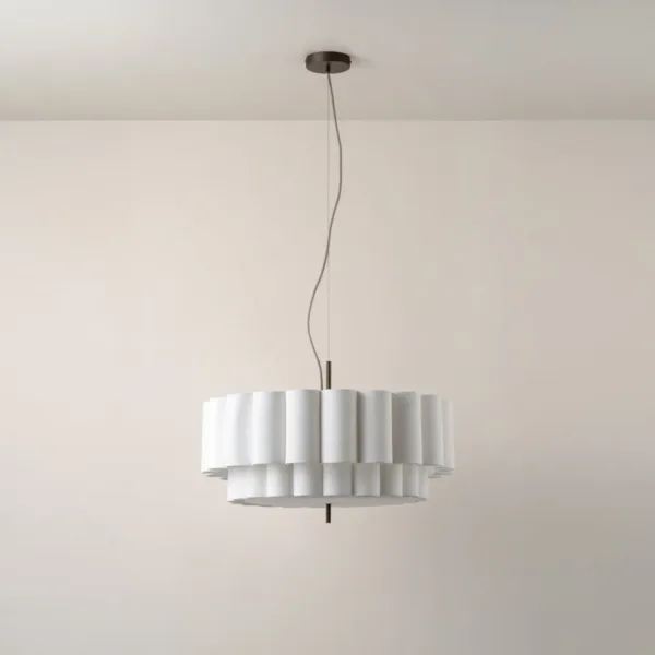 Two-tier scalloped linen drum pendant light unlit, showing the natural white woven-linen columns