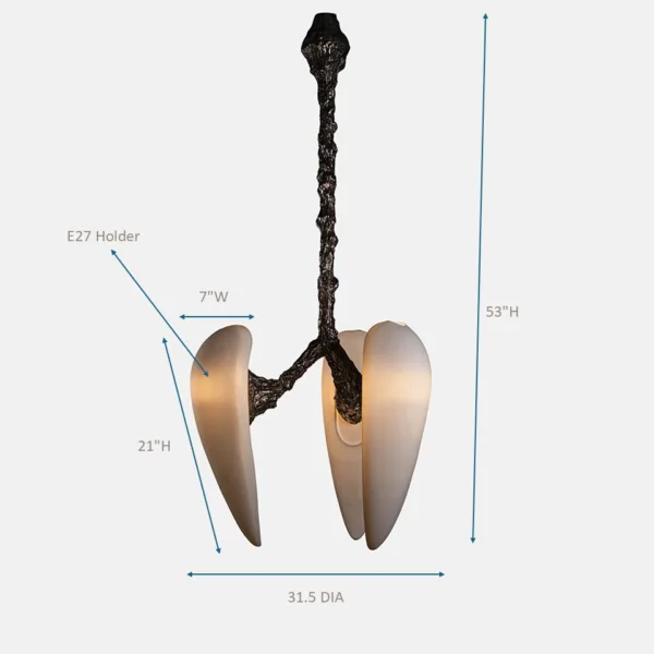Sculptural alabaster chandelier dimensions, 31.5 in diameter, 53 in tall, E27 holders