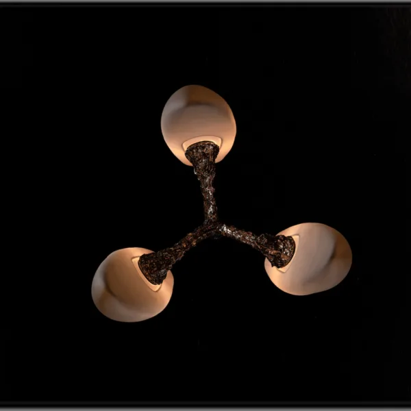 Sculptural alabaster chandelier from below, three arms and drops