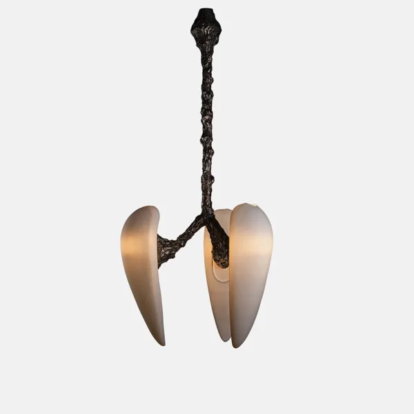 Sculptural chandelier with alabaster drop shades and textured metal arms