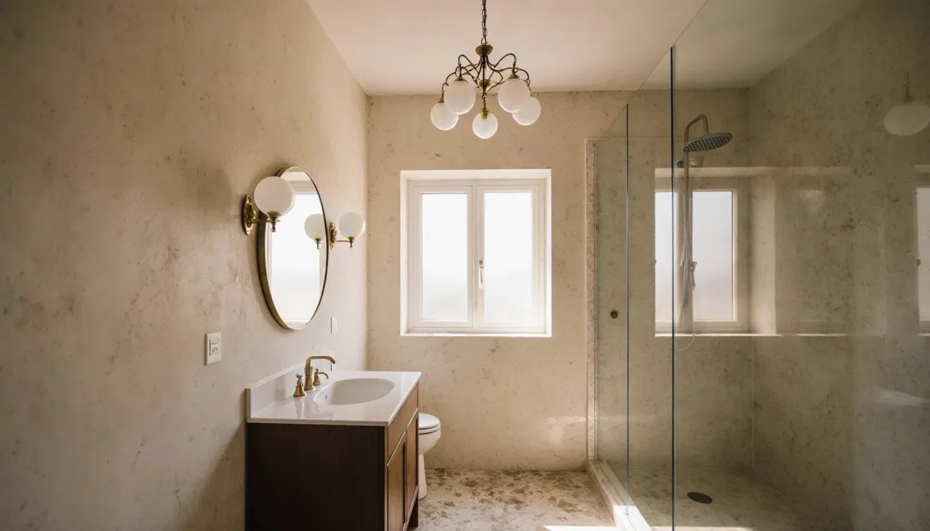 Small opal glass chandelier in a bathroom, hung away from the shower: a chandelier in bathroom concept (AI-generated concept image)