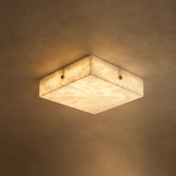 Square alabaster ceiling light glowing warm white on a textured ceiling