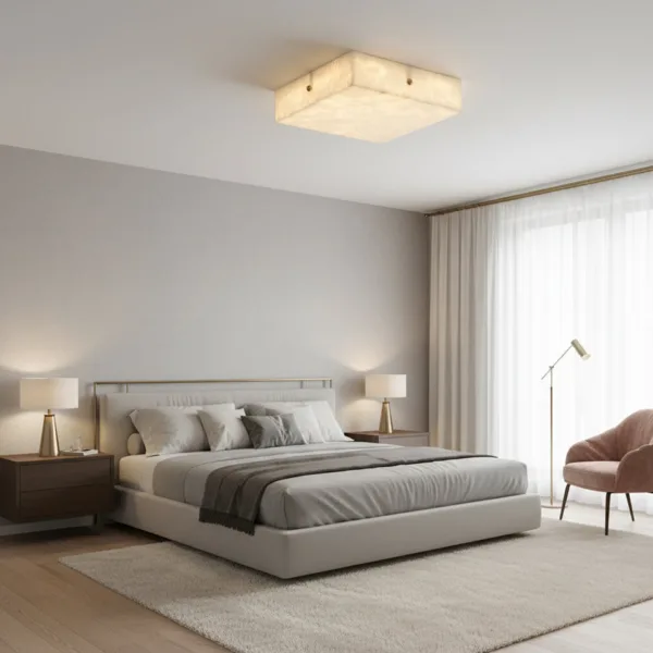 Ceiling light for bedroom: square alabaster flush mount over a bed