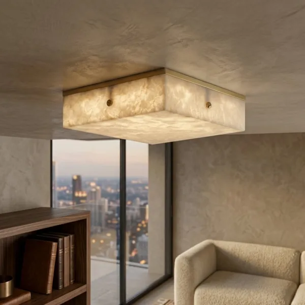 Square alabaster ceiling light in a room with a city view