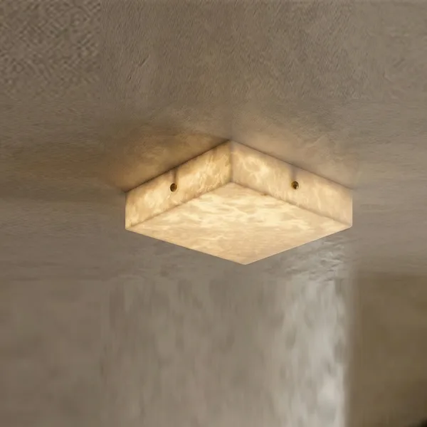Square LED ceiling light in natural alabaster with brass-finish caps