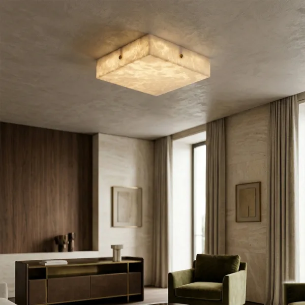 Square alabaster ceiling light in a warm living room