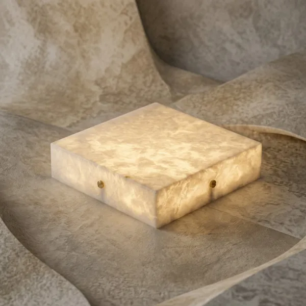 Glowing natural alabaster panels of the square ceiling light