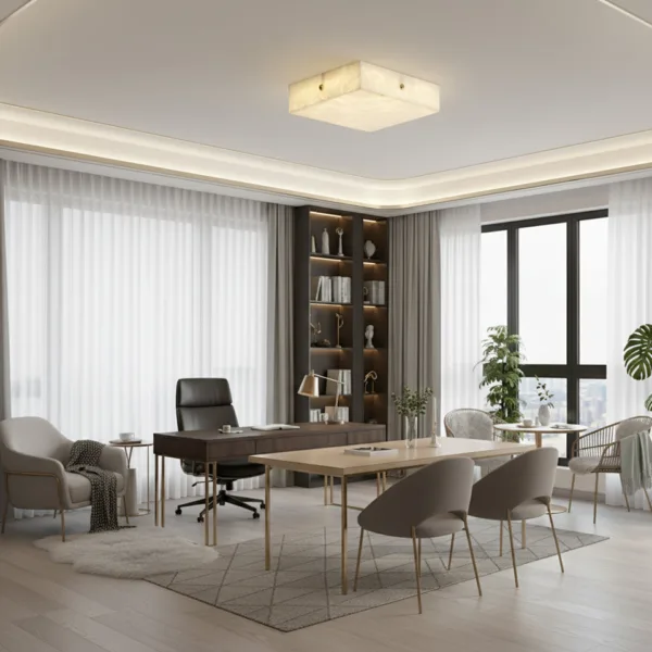 Square alabaster ceiling light in a bright study