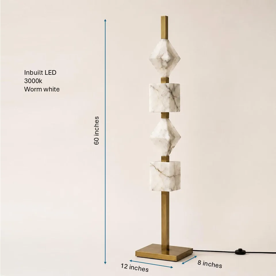 Designer Floor Lamp – Stacked Alabaster Column, Built-in Warm LED, 152 cm 11 Stacked alabaster floor lamp dimensions, 60 inches tall with a 12 x 8 inch base