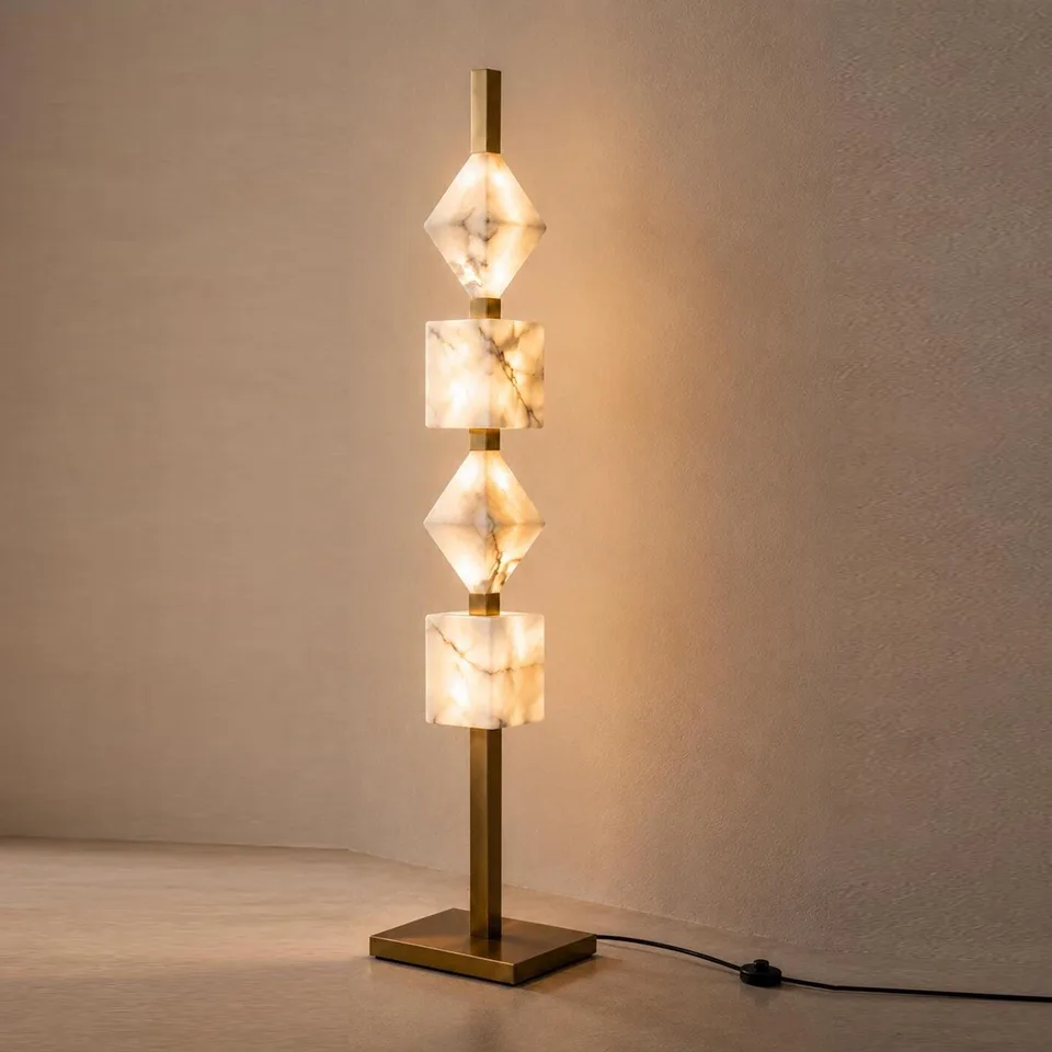 Designer Floor Lamp – Stacked Alabaster Column, Built-in Warm LED, 152 cm 2 Lit alabaster floor lamp with diamond and cube stones on a brass-finish stem
