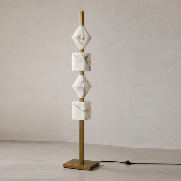 Unlit alabaster floor lamp showing grey veining in the stone blocks