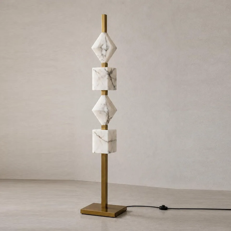 Designer Floor Lamp – Stacked Alabaster Column, Built-in Warm LED, 152 cm 7 Unlit alabaster floor lamp showing grey veining in the stone blocks