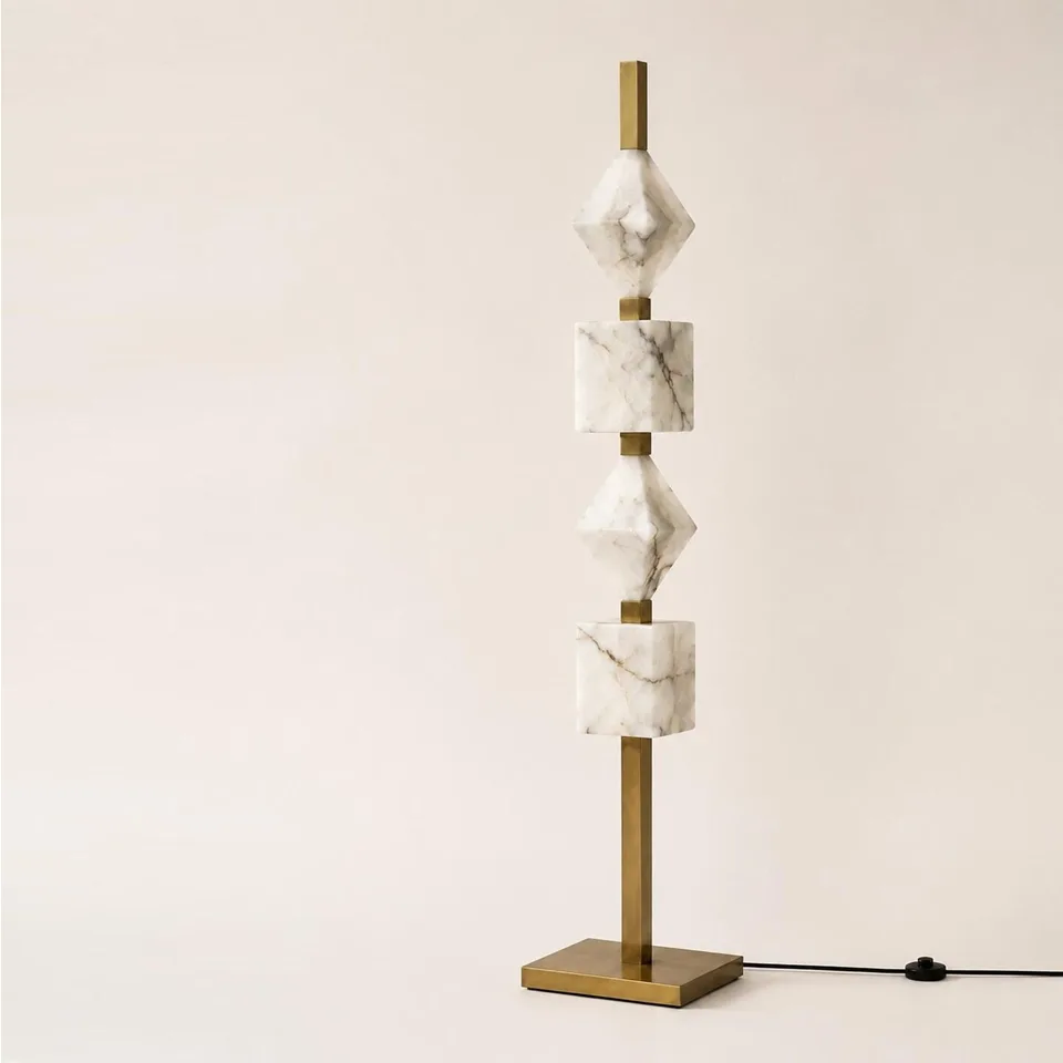 Designer Floor Lamp – Stacked Alabaster Column, Built-in Warm LED, 152 cm 8 Stacked alabaster floor lamp on a white background with foot switch cord