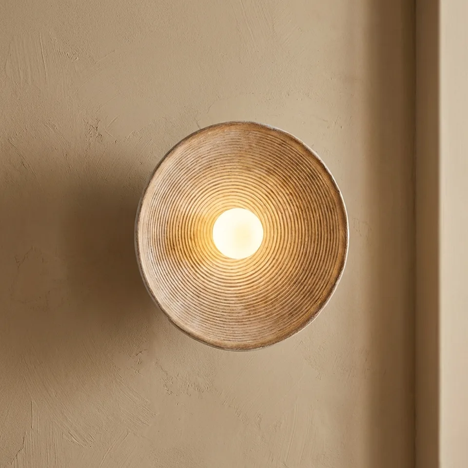 Teak Wood Bowl Wall Light – Turned Teak & Glass, 27 cm | Jagmag Lights 2 Front view of the teak wood bowl wall light showing the concentric turned rings and glass ball