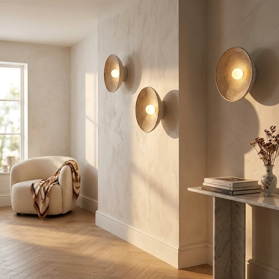 Teak Wood Bowl Wall Light – Turned Teak & Glass, 27 cm | Jagmag Lights 3 Three teak wood bowl wall lights at different heights along a bright hallway