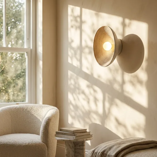 Teak wood wall light above a bouclé armchair and marble side table in a sunlit reading corner