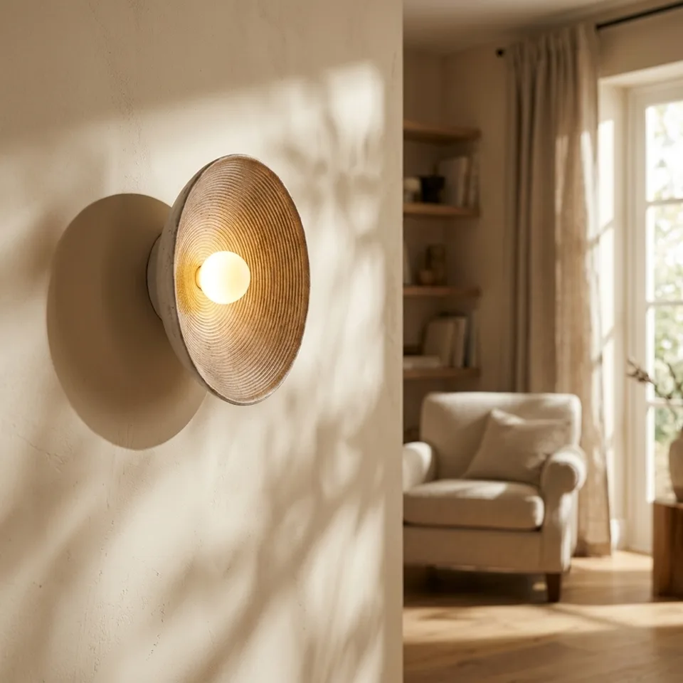 Teak Wood Bowl Wall Light – Turned Teak & Glass, 27 cm | Jagmag Lights 5 Side view of the teak wood bowl wall light in a living room with an armchair