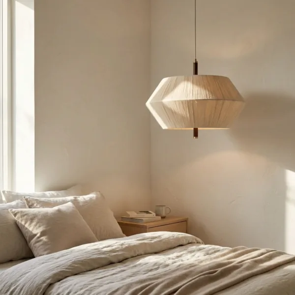 Thread-wound diamond pendant light hanging over a bedside in a sunlit bedroom with linen bedding