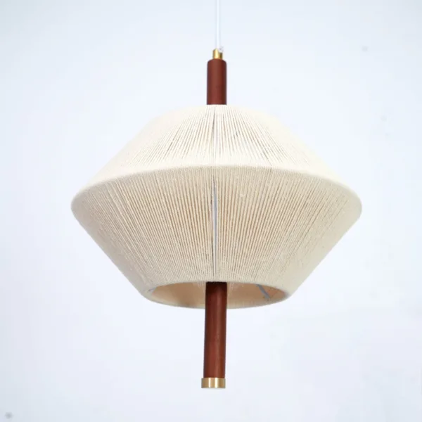 Front view of the thread-wound diamond pendant light with a cream shade, dark wood stem and brass end cap