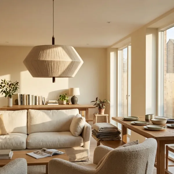 Thread-wound diamond pendant light with a wood stem hanging in a sunlit open-plan living and dining room