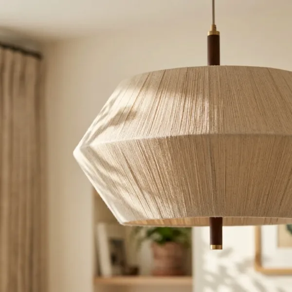 Close-up of the thread-wound diamond pendant light showing the wound cream thread, the shade's angled edge and the wood stem