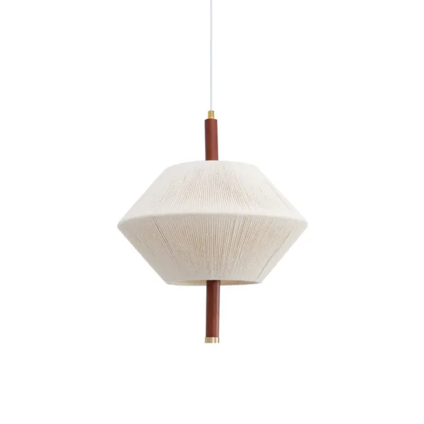 Thread-wound diamond pendant light with a cream shade, wood centre stem and brass collar on a white background