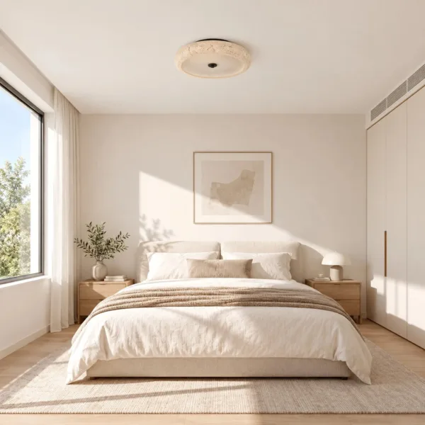 LED light for bedroom: travertine flush mount on a white ceiling