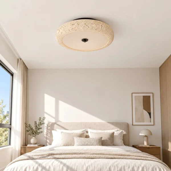 Travertine ceiling lamp above a bed in a calm bedroom