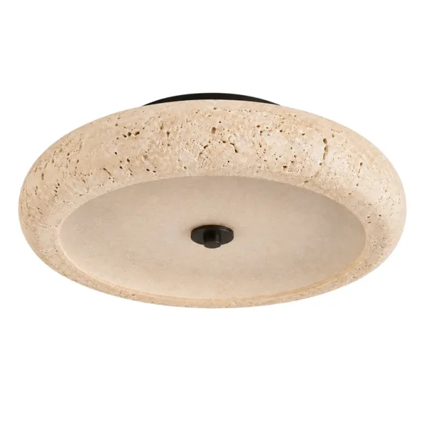 Travertine ceiling lamp with matte black canopy on a white background
