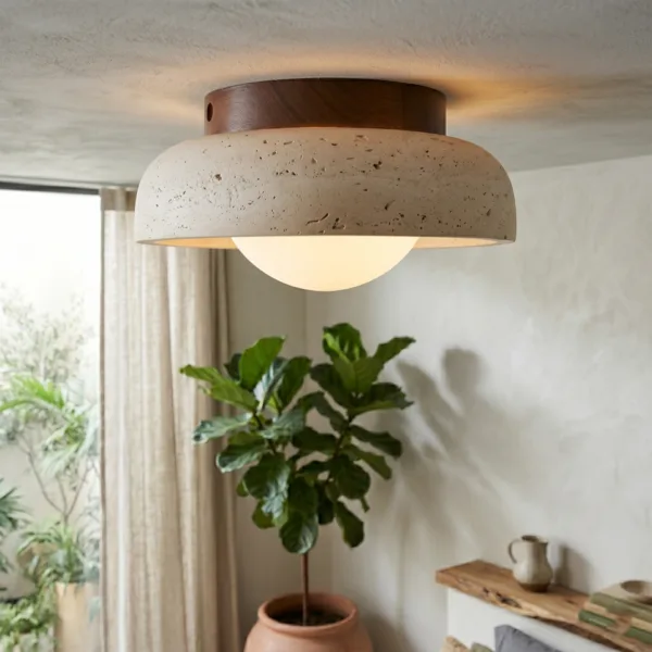 Travertine ceiling light lit on a low ceiling in a warm living room