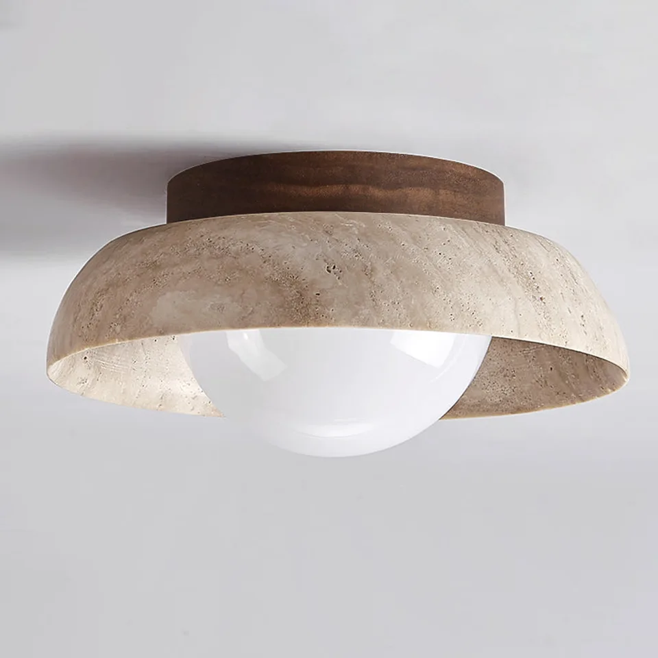 Small travertine ceiling light with walnut wood canopy and opal glass globe