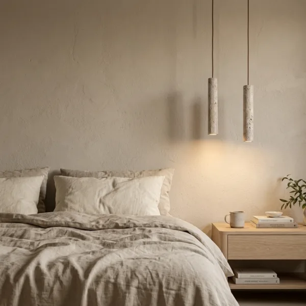 Pair of travertine cylinder pendant lights hanging beside a bed as bedside lights over an oak nightstand