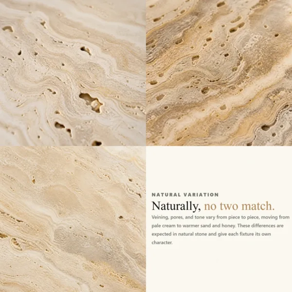 Close-up of natural travertine stone showing varied veining, pores and tone from cream to honey