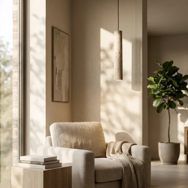 Travertine cylinder pendant light above an armchair in a sunlit reading corner