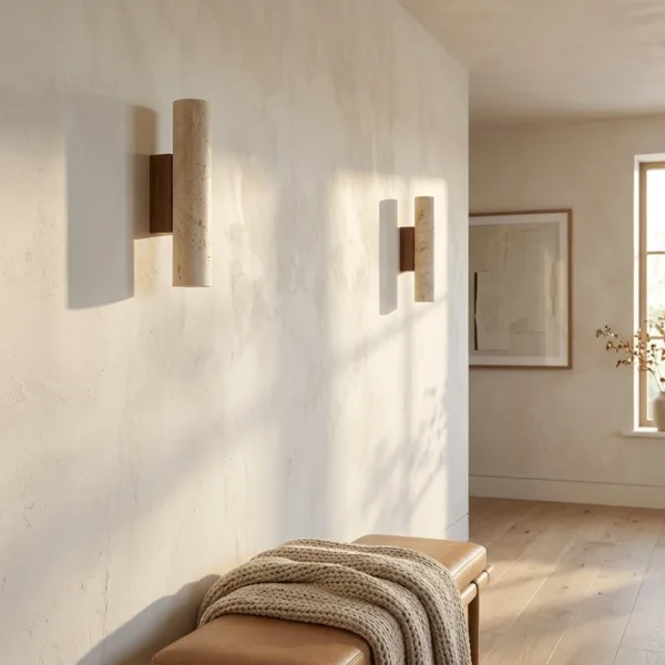 Two travertine wall lights above a leather bench in a calm entrance hall