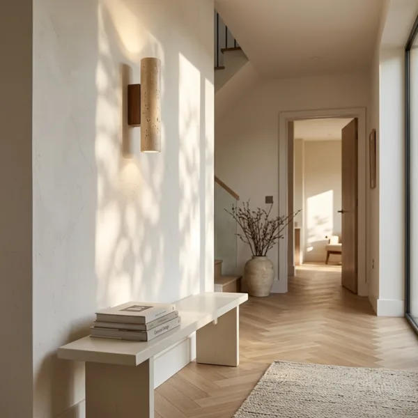 Travertine wall light on a wood backplate above a white bench in a bright hallway