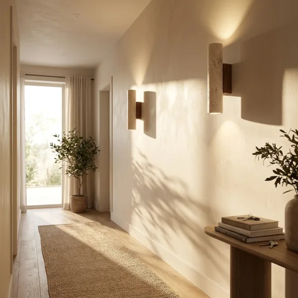 Two travertine wall lights along a sunlit hallway above a woven runner rug and a wooden console